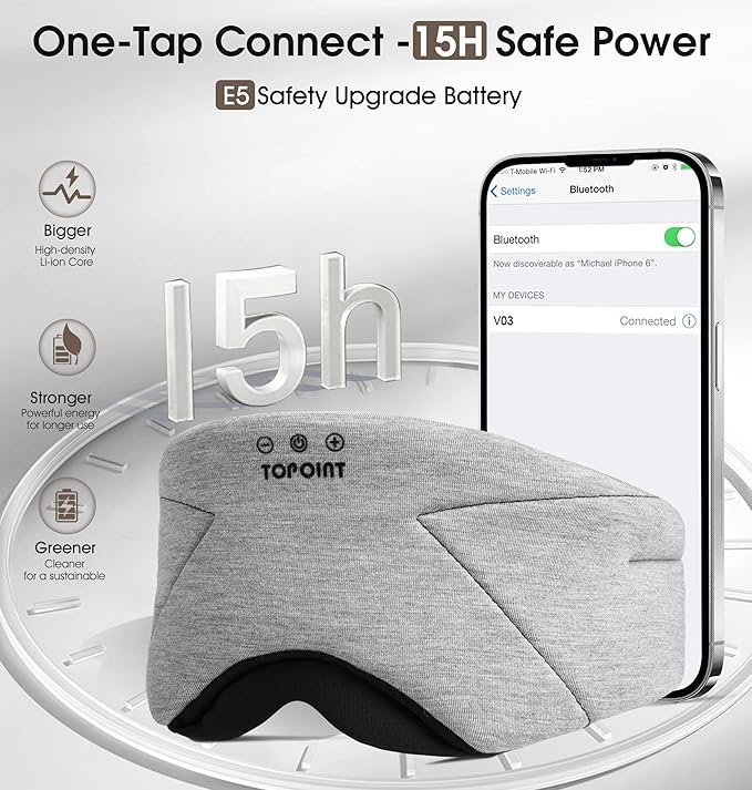 Sleep Mask with Headphones Bluetooth 5.4, TOPOINT Blackout Eye Mask for Sleeping Headphones Earphones with Soft Bamboo Cotton Cooling Breathable, HD Stereo Speaker for Side Sleepers Women Men Travel