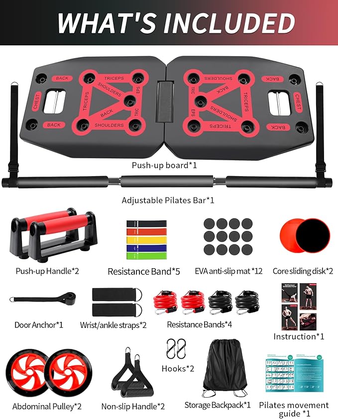 Home Gym Exercise Equipment - Portable Workout System 17 Fitness Accessories 9 in1 Push Up Board Set, Resistance Bands with Pilates Bar Strength Training Abs Shoulders