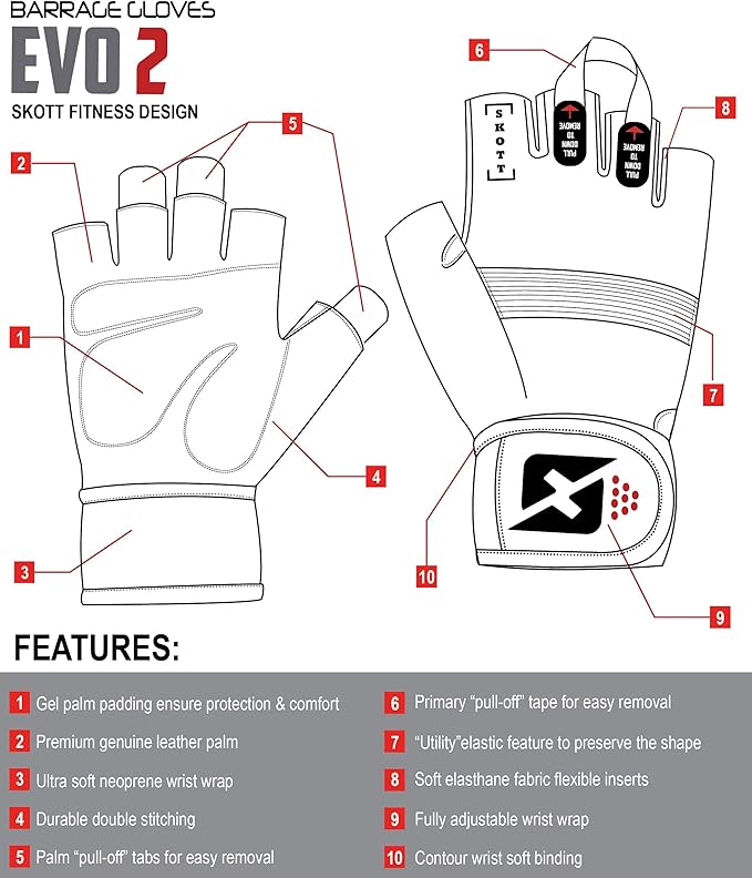 skott Evo 2 Weightlifting Gloves with Integrated Wrist Wrap Support-Double Stitching for Extra Durability-Get Ripped with The Best Body Building Fitness and Exercise Accessories