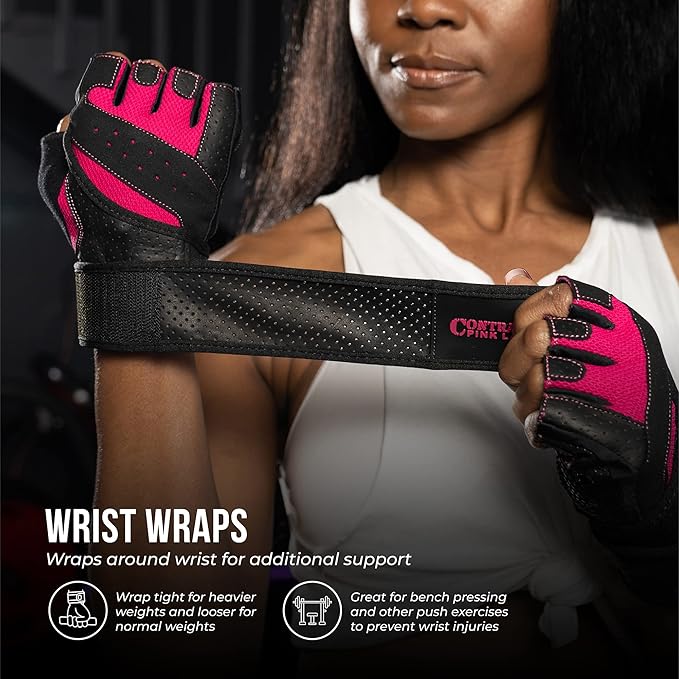 5737 Womens Padded Wrist Wrap Weight Lifting Gloves w/GripLock Padding (Pair) - Machine Washable Fingerless Workout Gloves w/Wrist Support Designed for Women