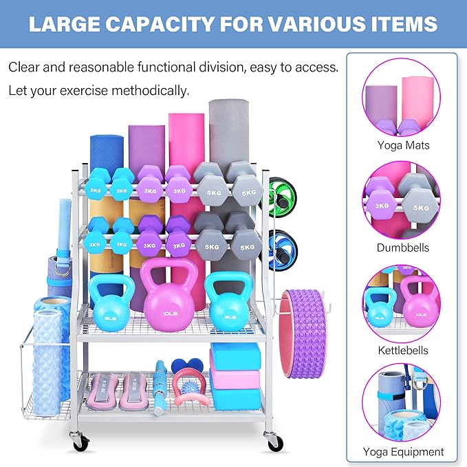 Dumbbell Rack, Yoga Mat Storage Rack - Weight Rack for Dumbbells, Home Gym Storage Rack for Yoga Mat, Dumbbells and Kettlebells, All in One Workout Equipment Storage with Caster Wheels