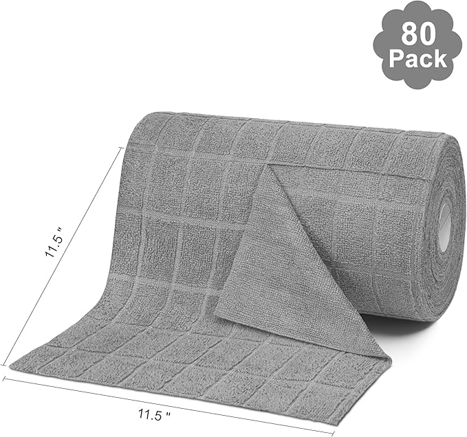 LIVOS Microfiber Cleaning Cloth Roll - 80 Pack, Reusable Paper Towels, Microfiber Towels for Cars, Super Absorbent Lint Free Cleaning Rags for House, Kitchen, Window-Check Grey, 11.5"x11.5"
