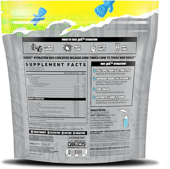 GHOST Hydration Packets, Sour Patch Kids Blue Raspberry, 24 Sticks, Electrolyte Powder - Drink Mix Supplement with Magnesium, Potassium, Calcium, Vitamin C - Vegan, Free of Soy, Sugar & Gluten