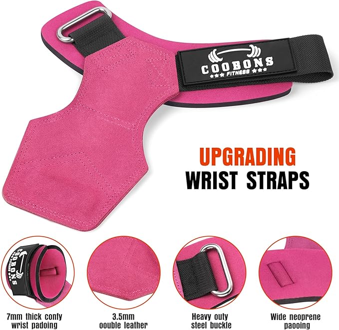 Lifting Wrist Straps for Weightlifting, Double Layer Leather for Weight Lifting Wrist Wraps, Deadlifts, Heavy Powerlifting and Adjustable Wrist Hooks for Strength Training, Gym Workouts Men/Women