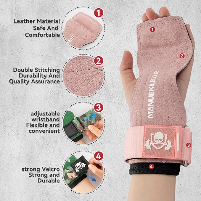 MANUEKLEAR Gym Straps Weight Lifting, Double Leather Lifting Straps for Men Deadlift with Cushion Wrist Loop, Gym Lifting Wrist Wraps for Weightlifting