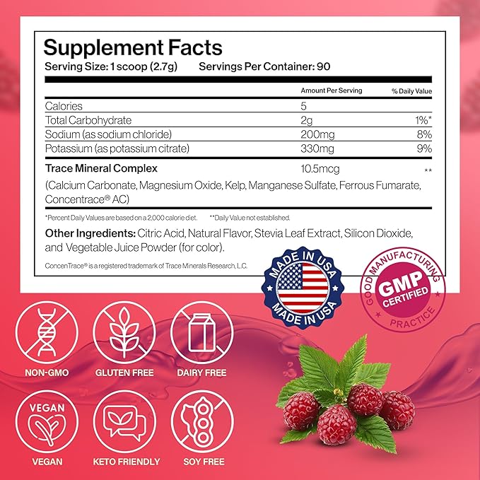 Dr. Price’s Electrolyte Mix | Sugar-Free Hydration Powder with 72+ Trace Minerals | No Sugar, Fast-Dissolving Electrolytes Powder Packets | Raspberry, 90 Servings