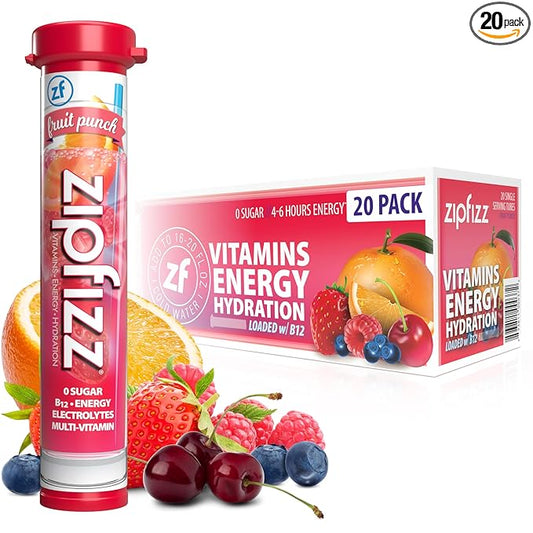 Zipfizz Daily Energy Drink Powder, Fruit Punch, 20 Pack 3-in-1 Sustained Energy, Rapid Hydration, and Essential Vitamins Sugar-Free Electrolyte Powder Contains Vitamin B-12 & Antioxidants