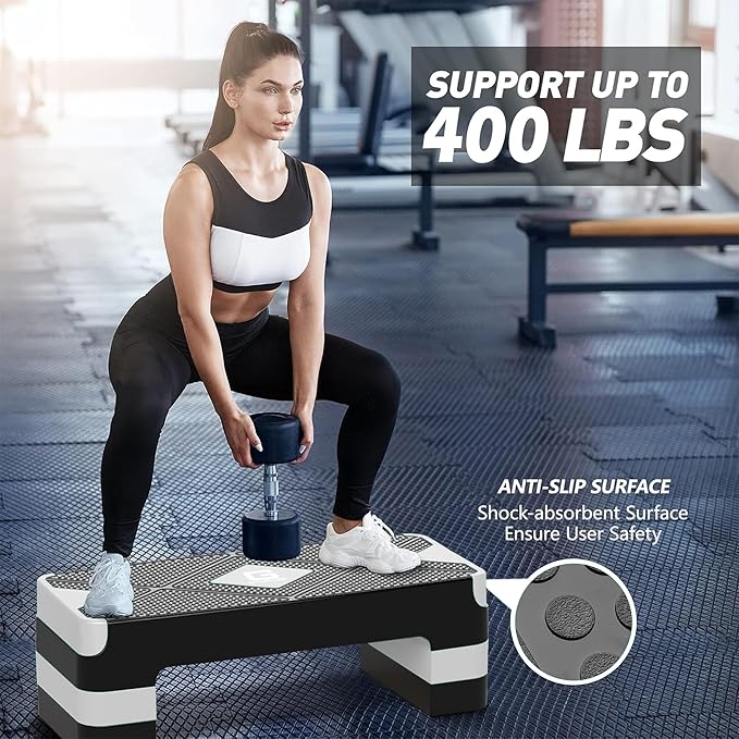 Aerobic Exercise Step, Adjustable Aerobic Stepper for Exercise, Workout Step Platform for Step Up, 26.5" Step Deck with 4” 6” 8” Adjustable Height Risers, Women Home Gym Cardio Fitness