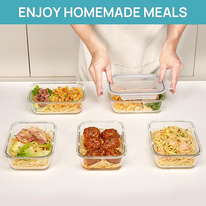 Vtopmart Glass Storage Containers with Lids, Meal Prep Food Container Sets, Lunch Box with Snap Airtight Lid for Microwave, Oven, Freezer and Dishwasher (10pack 35oz)