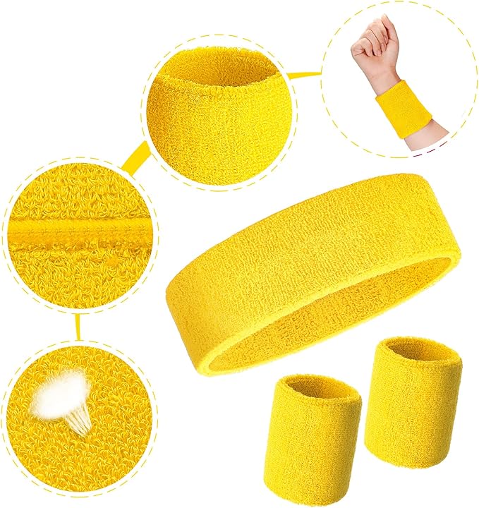 24 Pieces 80s Neon Sweatbands Set, Include 8 Sports Headbands and 16 Sweat Wristbands Elastic Athletic Tennis Sweat Bands Bulk for Man Woman