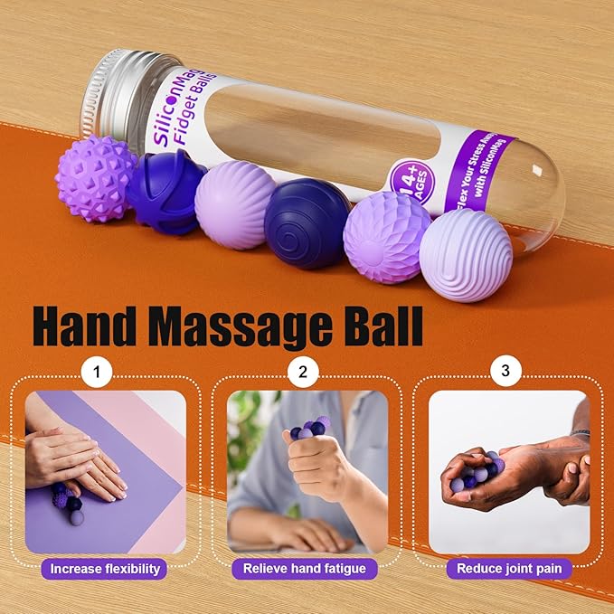 Silicone Magnetic Balls, Fidget Toys, 6-Pack Stress Relief Toys for Adults, Teens, Sensory Toy for Fingers Hands, Quiet Office Desk Toys with Textures, Magnet Fidget Fun Gift (Purple)