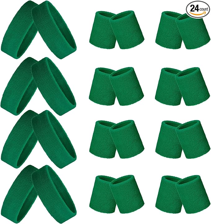 24 Pieces 80s Neon Sweatbands Set, Include 8 Sports Headbands and 16 Sweat Wristbands Elastic Athletic Tennis Sweat Bands Bulk for Man Woman