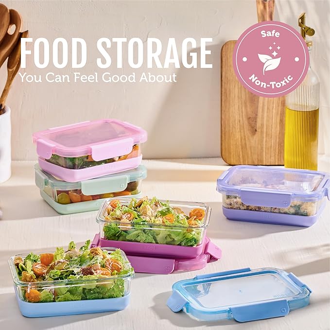 Ello Duraglass Refresh 3.4 Cup Meal Prep Sets 10Pc, 5 Pack Set- Glass Food Storage Container with Silicone Boot and Airtight BPA-Free Plastic Lids, Dishwasher, Microwave and Freezer Safe,Dusk Delight