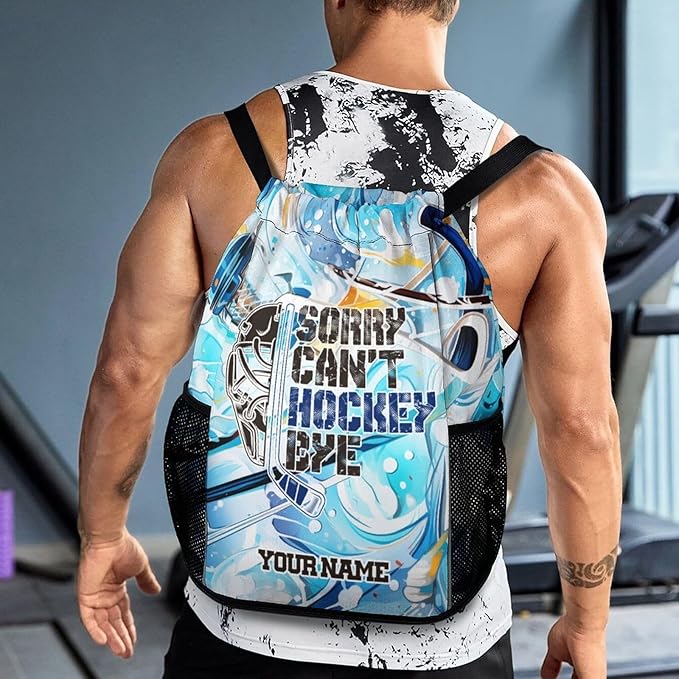 Custom Hockey Drawstring Backpack - Cool Cinch Sack, String Backpacks with Pocket for Kids Women Men Boys Girls for Gym Outdoor Sports Travel Athletic Drawstring Bag - Lightweight/Foldable