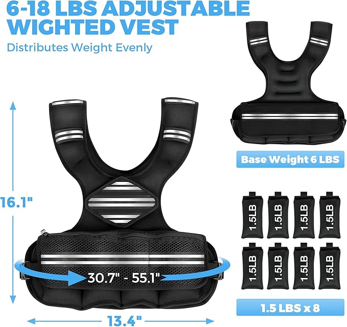Adjustable Weighted Vest for Women Men, 6-18 LBS Weighted Walking Vest with 8 Ironsand Weights & Reflective Strip, Strength Training Weight Vests for Running GYM Home Workout, Large Zippered Pocket