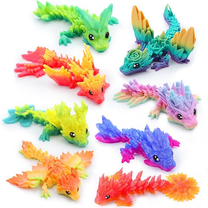 JOYIN 8 Pcs 3D Printed Dragon, 4.4" Colorful 3D Printed Flexible Articulated Dragon Fidget Toys for Home Office Desk Decor, Autism Stress Relief Fidget Toys for Kids & Adults Birthday Gift