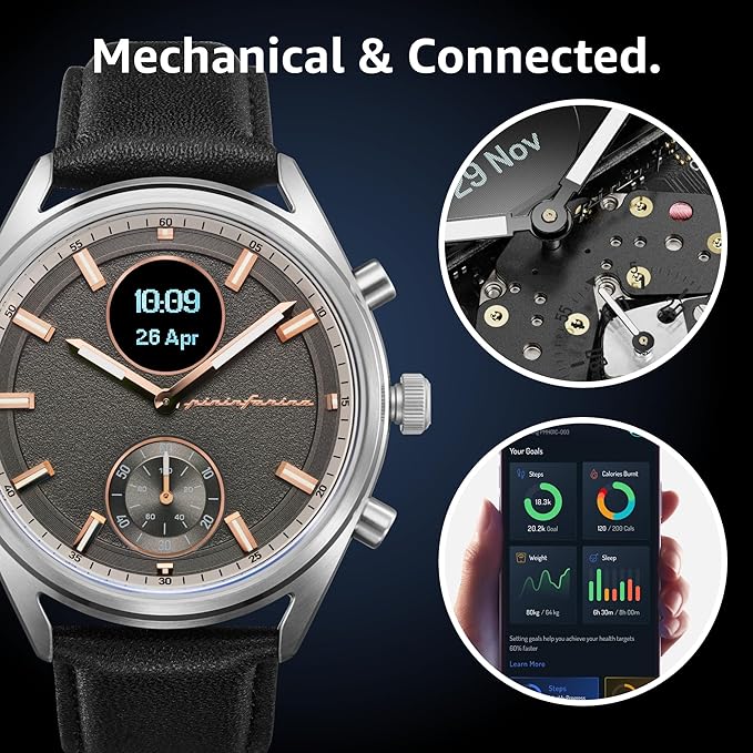 pininfarina Hybrid Sintesi Smart Watch, Heart Rate Monitoring, Fitness Tracker, Genuine Leather Strap, Sleep Monitoring, GPS Tracker, 30-Day Battery Life, Android & Apple Compatible