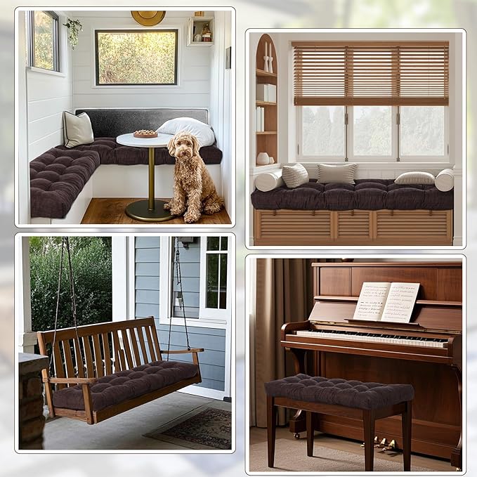 2 Pack Outdoor Bench Cushion Patio Waterproof Porch Swing Cushions Tufted Memory Foam Bench Seat Pads Thicken Non Slip for Outside Indoor Garden Furniture Wicker Loveseat Settee(Brown,42x16 Inch)