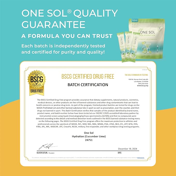 One Sol Hydration - Cucumber Lime - 24x On The Go Stick Packs - Electrolyte Powder Drink Mix - Energy Boost & Burn - Third Party Tested