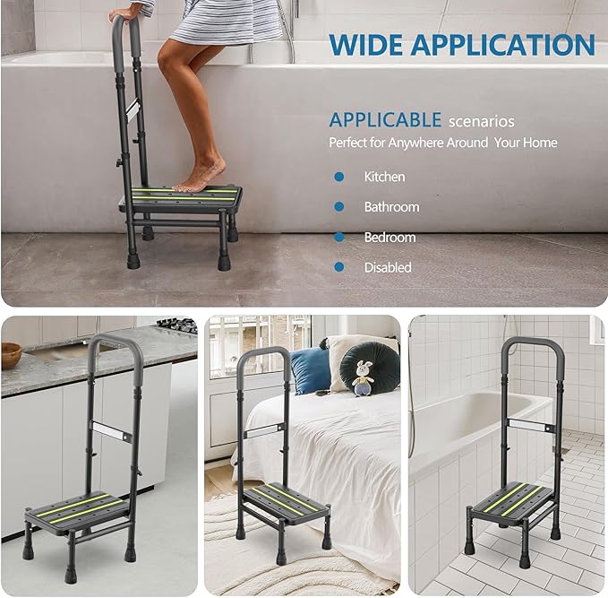 Step Stool with Handle for Elderly, Adjustable Handrail & Leg, Sensor Light, Medical Stepping Stools for High Bed Mobility & Daily Living Aids, Bedside Car Stair Lift for Senior Adults 450lbs