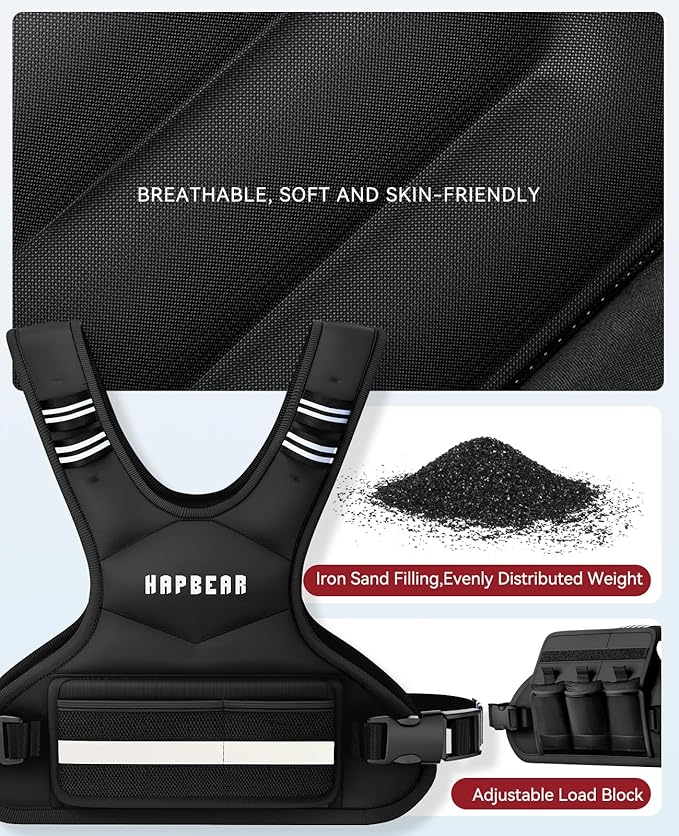 HAPBEAR Adjustable Weighted Vest for Men and Women, 4-10 lbs with 6 Ironsand Weights and Large Pocket Includes kettlebell pouch for Workout, Strength Training, Running, Walking, Weight Loss