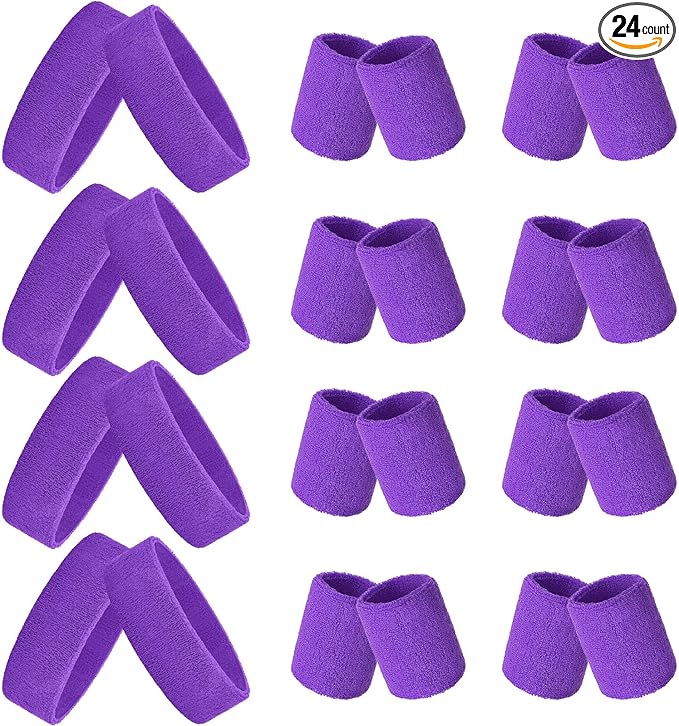 24 Pieces 80s Neon Sweatbands Set, Include 8 Sports Headbands and 16 Sweat Wristbands Elastic Athletic Tennis Sweat Bands Bulk for Man Woman