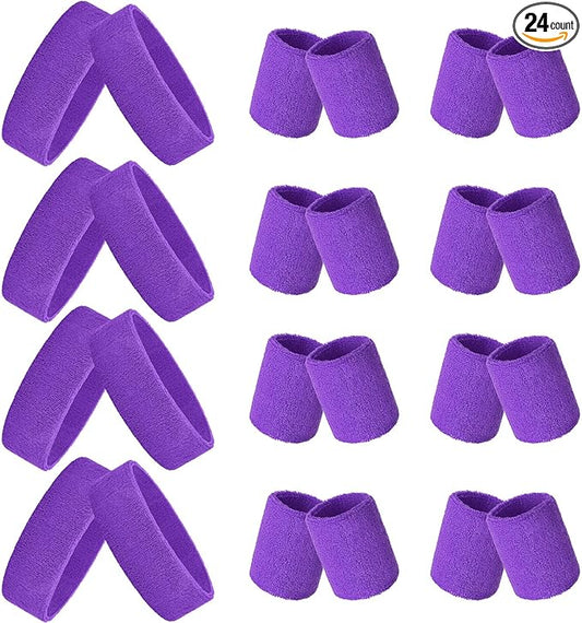 24 Pieces 80s Neon Sweatbands Set, Include 8 Sports Headbands and 16 Sweat Wristbands Elastic Athletic Tennis Sweat Bands Bulk for Man Woman
