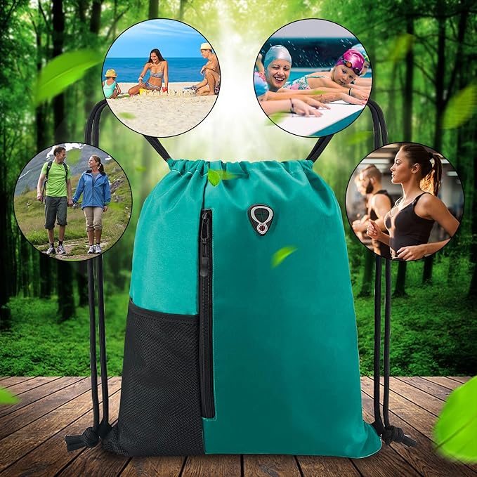 BeeGreen Marrs Green Drawstring Backpack Gym Bag For Men & Women – Sports Sackpack with Mesh Water Bottle Holder & 2 Zippered Pockets – Large 16x20 Inch Cinch String Backpack
