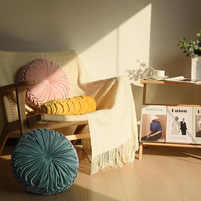 HIG Set of 2 Aqua Ruched Velvet Round Throw Pillows – 14.5’’ Decorative Pillows with Soft Polyester Filling for Couch, Bed, Living Room, Bedroom, or Dorm – Handmade, Stress Relieving, All-Season