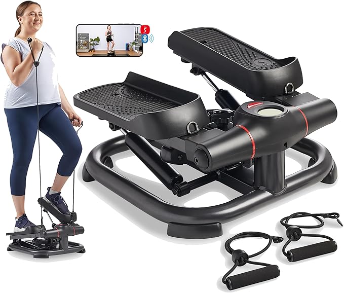 Sunny Health & Fitness 2-in-1 Premium Power Stepper with 400lbs Weight Capacity and Resistance Bands, Low-Impact Cardio, Space-Saving, Height-Adjustable, with Bluetooth and Free SunnyFit App