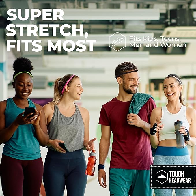 Tough Headwear Thin Elastic Headbands for Men - Sports Hair Head Band for Women & Men - Non Slip Mens Workout Headband - Running or Soccer Headband - 6-Pack