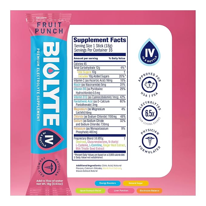 BIOLYTE IV Electrolyte Powder Packets, IV Liquid Drink Mix for Water, Doctor-Developed Hydration, HSA & FSA Approved Dehydration Relief, Chemotherapy Must Haves for Women, Men- Fruit Punch (16 Sticks)