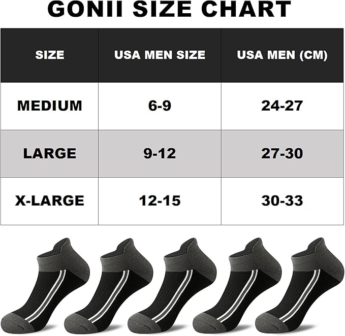 Gonii Men's Running Athletic Ankle Socks - Thick Cushioned Low Cut Socks (5 Pairs)