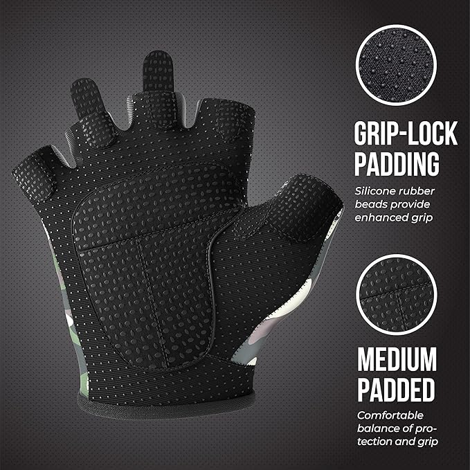 5217 Women's Design Series Camo Print Lifting and Rowing Gloves (Pair) - Lightweight Vegan Medium Padded Microfiber Amara Leather w/Griplock Silicone