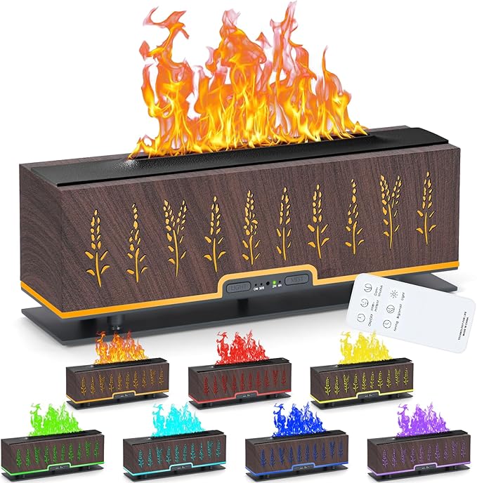 Colorful Essential Oil Diffuser, 7 Colors Flame Fire Diffuser, 200ML Ultra-Quiet Aromatherapy Diffuser with Remote Control, Timer Up, Auto-Off Protection for Home,Office,Bedroom (Deep Brown)
