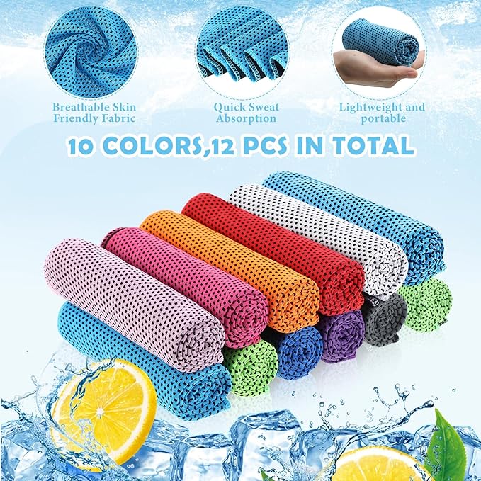 12 Pack 32 x 12 in Cooling Towels Bulk for Neck and Face Microfiber Ice Towel Sweat Towels Breathable Soft Chilly Towel Portable Cool Neck Rags for Yoga Sport Gym Workout Fitness