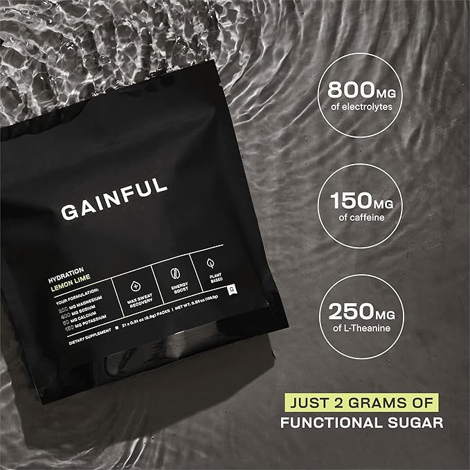 Gainful Hydration + Caffeine Packets with Key Electrolytes Magnesium & Sodium + L Theanine, Low Sugar Drink Mix, Lemon Lime, 21 Sticks