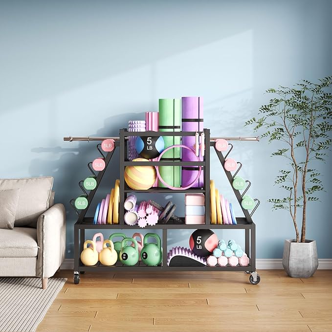 Dumbbell Rack Weight Rack Storage-Large Dumbbells Rack Home Gym Storage,Multilevel Workout Storage Organizer with Wheels and Barbell Holder,Perfect for Yoga Mat Balls Kettlebells and Fitness Gear,black