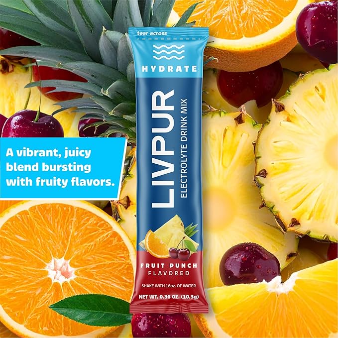 LivPur Electrolyte Drink Mix, Instant Hydration Powder with Vitamin C, B6, B12 & Essential Amino Acids for Muscle Support & Immune Health, Sports Essentials, Fruit Punch Flavor, 15 Stick Packs