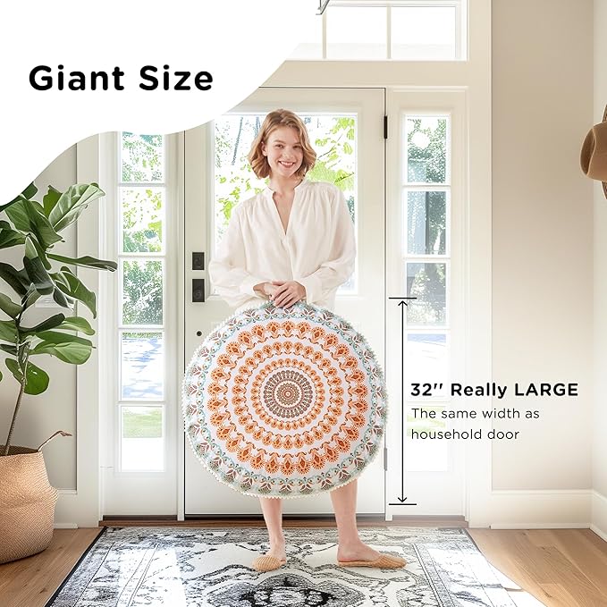 Codi Floor Pillows for Adults Set of 2, Large Boho Meditation Cushions with Memory Foam, Round Mandala Seating for Outdoor Yoga and Living Room, Washable, 32 Inch, Coral