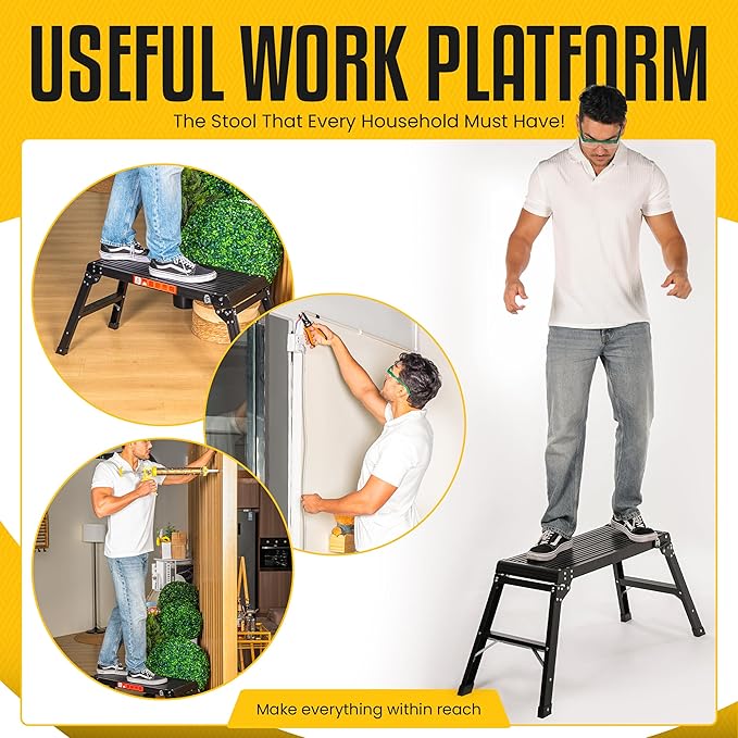 Folding Work Platform Stool – Holds 330 lbs - 19.68" H x 29.52" L Platform Step | Lightweight & Heavy-Duty | Black Aluminum Step Stool - Large Standing Surface - Easily Stored & Anti-Slip