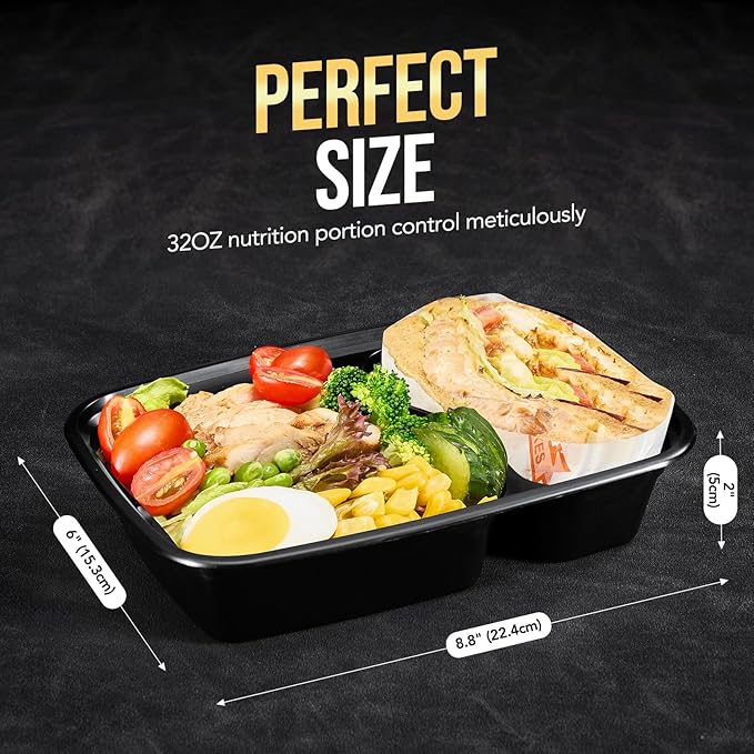 Glotoch 50 Pack 32oz 2 Compartment Meal Prep Container Microwave Safe, Food Prep Containers With Lids For Lunch/Deli/Takeout/Leftover, BPA-Free Freezer & Dishwasher Safe, Black