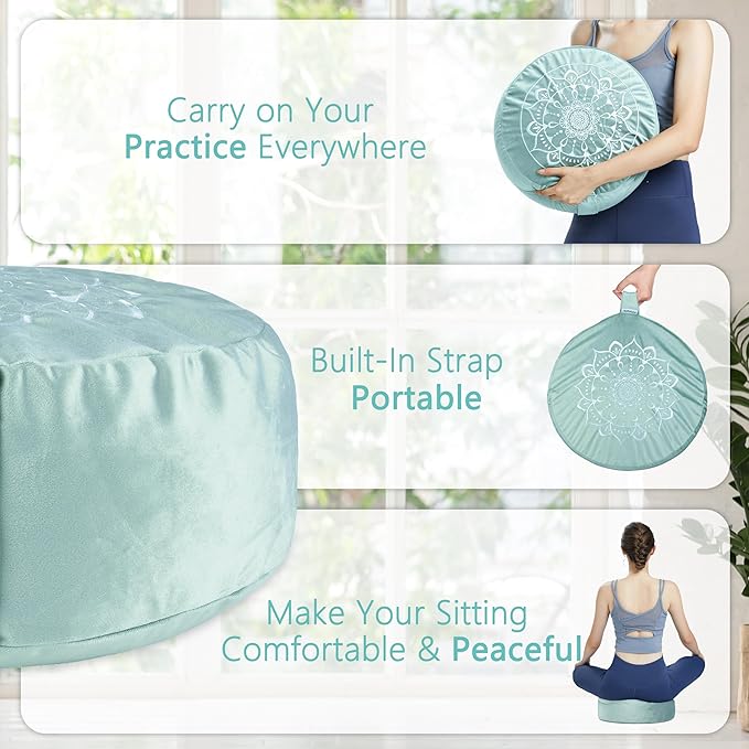 Hihealer Meditation Cushion - Large Velvet Zafu Floor Pillow for Adults and Women - Comfortable Yoga Pillow with Traditional Tibetan Buckwheat Filling for Meditation and Relaxation