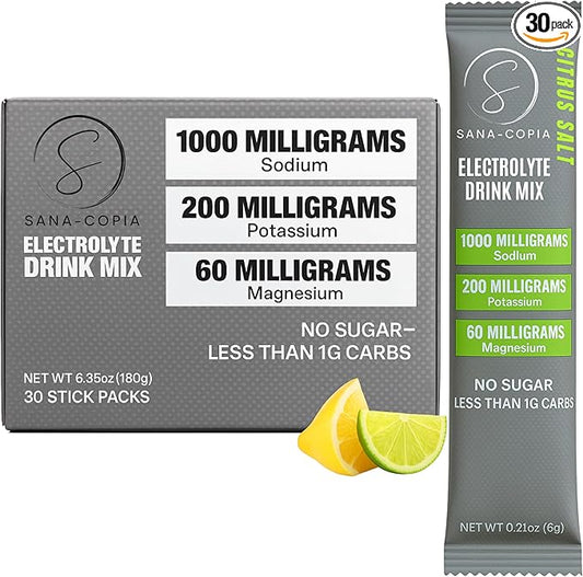 Electrolyte Drink Mix Hydration Packets: 1000mg Sodium, Potassium & Magnesium Citrus Salt Hydrating Powder, Zero Sugar - 30 Lemon Lime Electrolyte Powder Packets, For Rehydration or Dehydration Relief