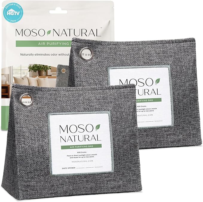 Moso Natural Air Purifying Bag 600g, Premium Bamboo Charcoal Odor Absorber, Room Deodorizer for Large Spaces, Bedroom, Kitchen, Basement, Pet Odor Eliminator for Home, 21oz Charcoal Bags (2 Pack)