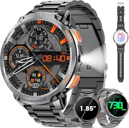 Military Smart Watch for Men 1.85" HD Touch Screen 730mAh Battery Smart Watches with LED Flashlight for Android iOS (Bluetooth Call Answer/Dial Calls) Fitness Tracker with Heart Rate Blood