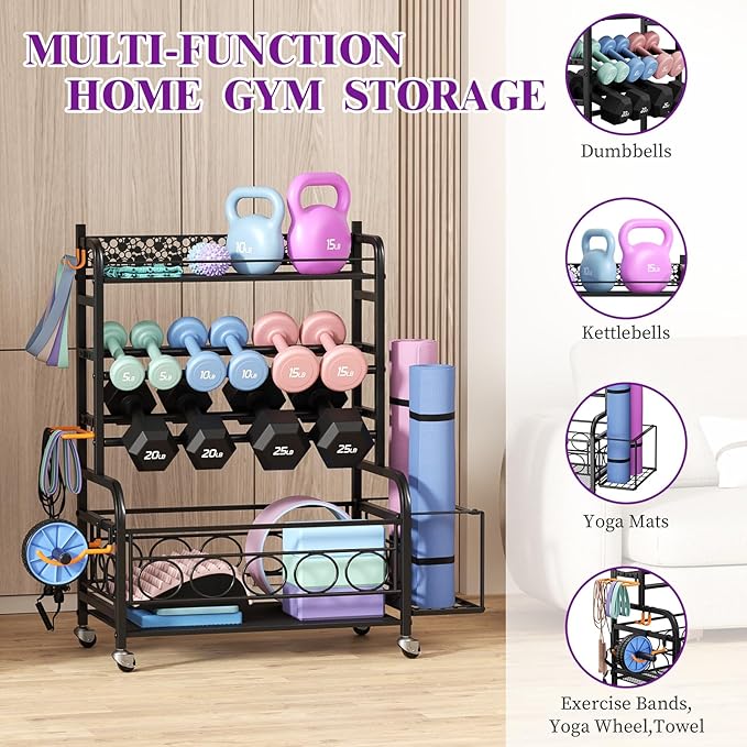 400LBS Dumbbell Rack, VOPEAK Adjustable Weight Rack for Home Gym, Home Gym Storage Rack for Yoga Mat Kettlebells and Strength Training Equipment, Weight Storage Rack for Dumbbells with Wheels
