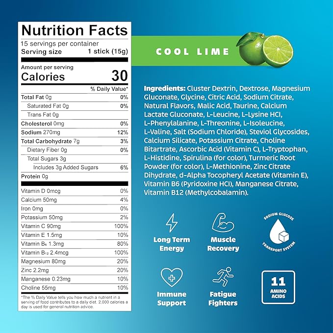 LivPur Electrolyte Drink Mix, Instant Hydration Powder with Vitamin C, B6, B12 & Essential Amino Acids for Muscle Support & Immune Health, Sports Essentials, Cool Lime Flavor, 15 Stick Packs