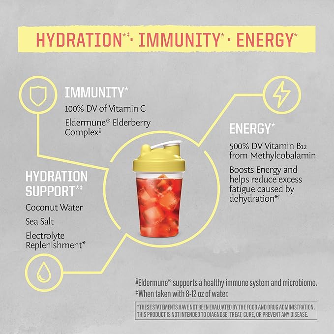 Electrolyte Powder Hydration Packets B12 Elderberry | Strawberry Lemon Twist Flavored 18 Stick Packs Box | Vegan and Plant-Based Sugar Free