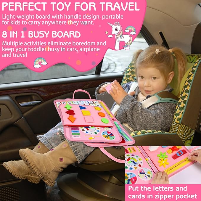 Esjay Toddler Busy Board Montessori Toys for Girls, Sensory Board Educational Activities for Learning Fine Motor Skills, Birthday Gifts for Girls Toddlers, Travel Toys for Airplane Car, Fairy Horse